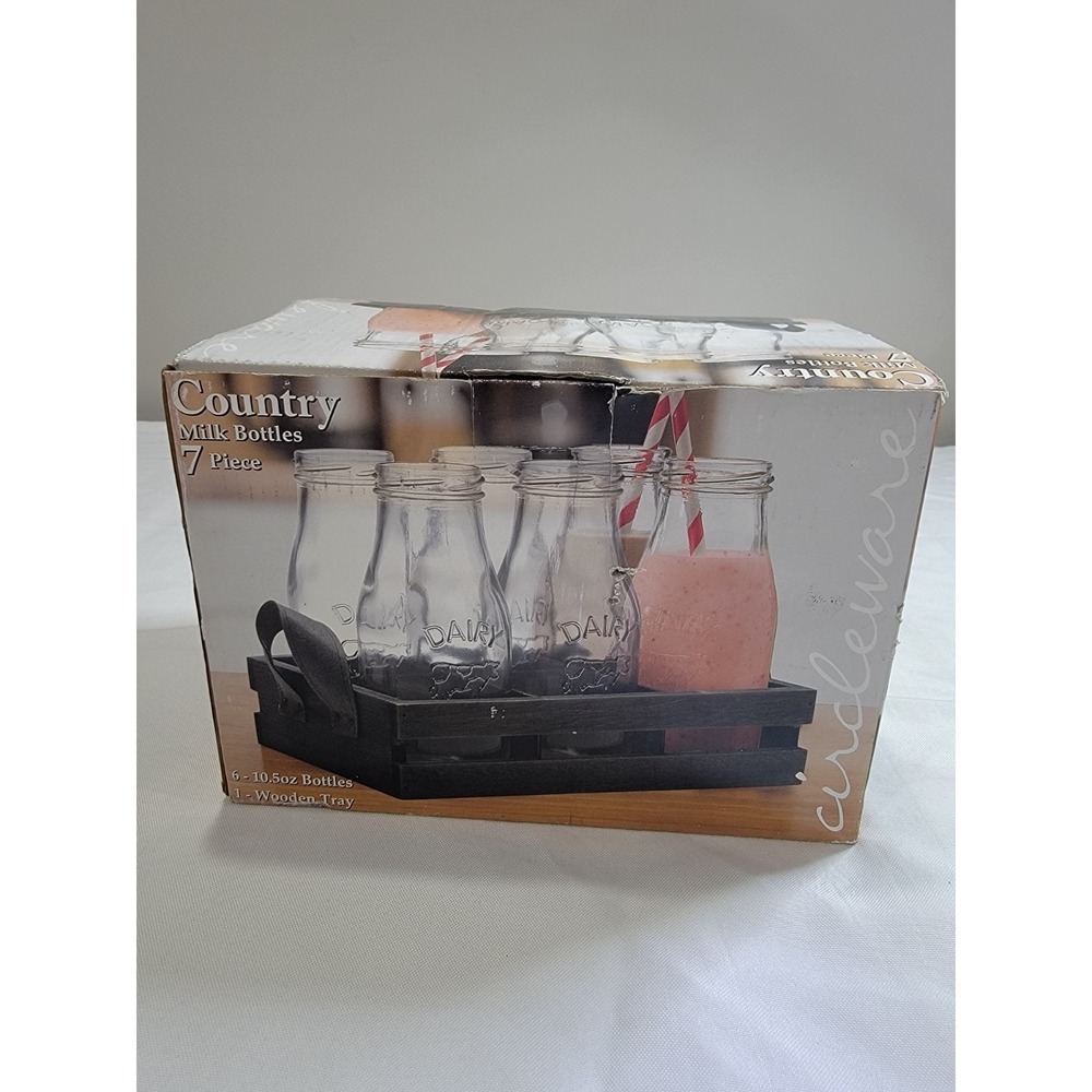 Rustic Dairy Farm Milk Bottle Set 6 Glass Bottles Wooden Tray Country Decor